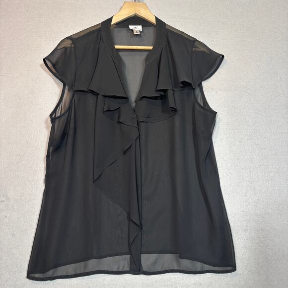 Worthington Black Ruffle Sheer Blouse Top XL Romantic Soft Goth Minimalist - Picture 1 of 7
